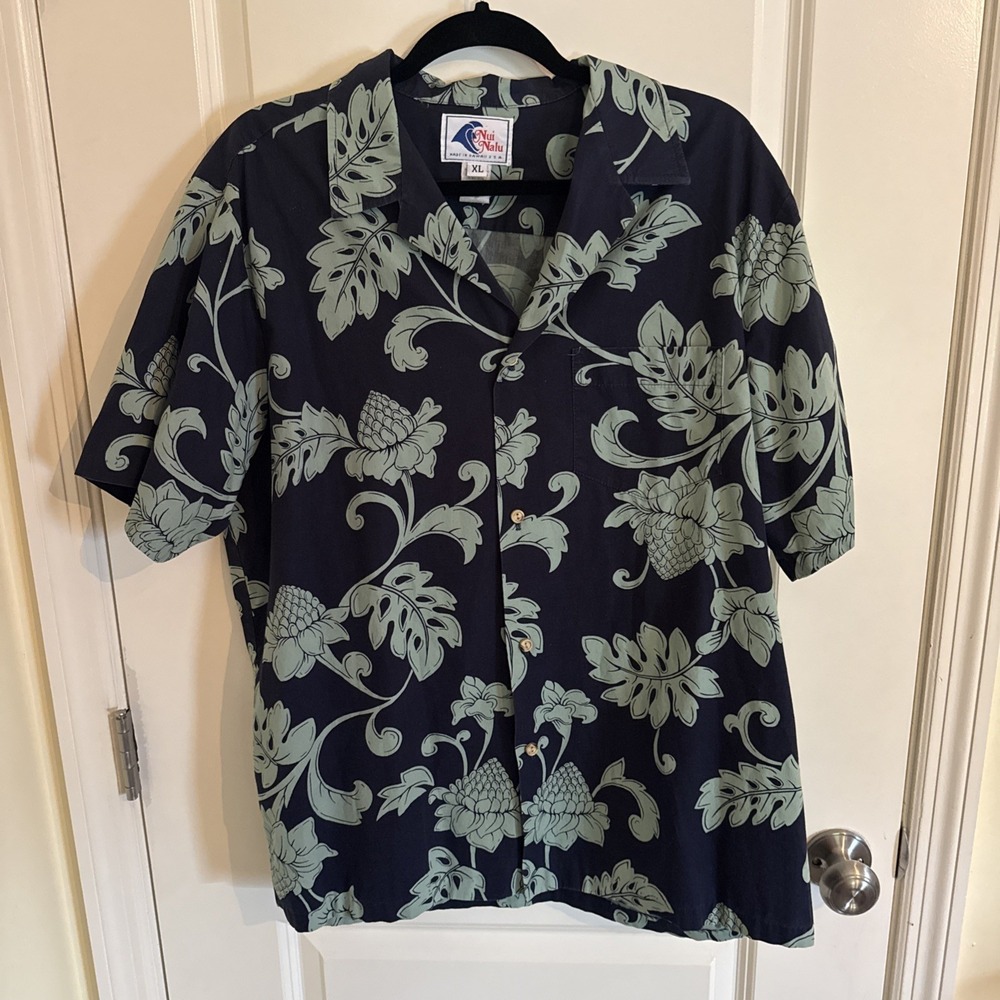 Nui Nalu Hawaiian Aloha Shirt XL Floral Abstract Leaves Blue And Green